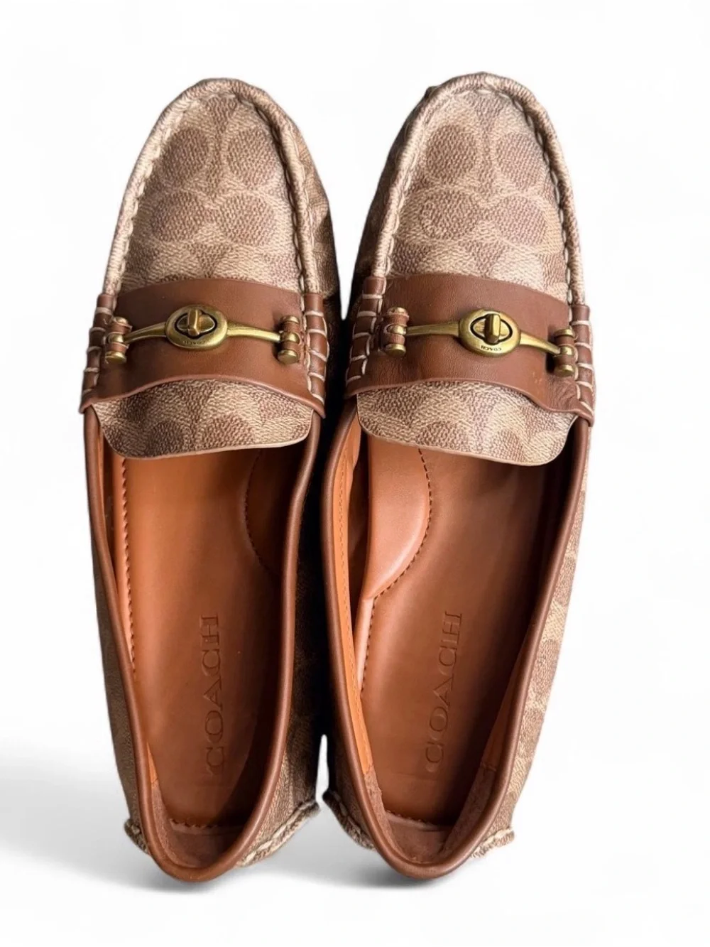Coach Tan & Brown Signature Canvas Leather Bit Loafers